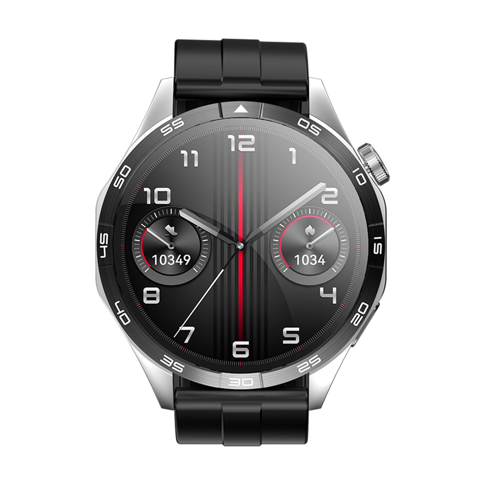 Smartwatch mit schwarzem Armband und silbernem Gehäuse. Zifferblatt mit Zahlen, Zeigern und roten Akzenten. Seitliche Knöpfe.