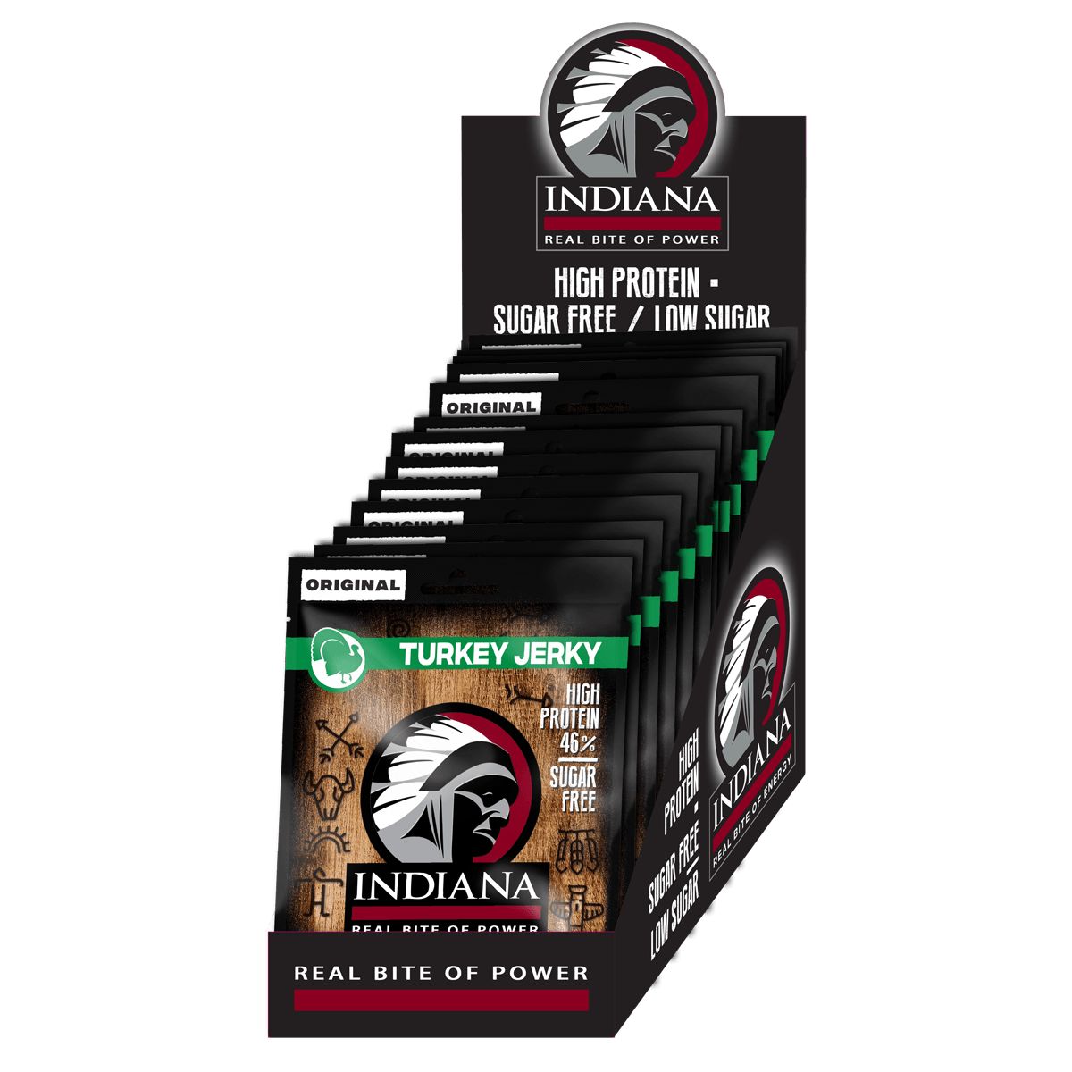 Verpackung mit Indiana Turkey Jerky. Schwarze Beutel mit Logo und Text. Hoher Proteingehalt, zuckerfrei.