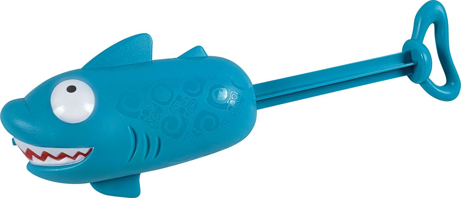 Türkisfarbene Wasserspritzpistole in Hai-Form. Weiße Zähne und Augen. Griff an der Rückseite. Muster auf dem Körper.