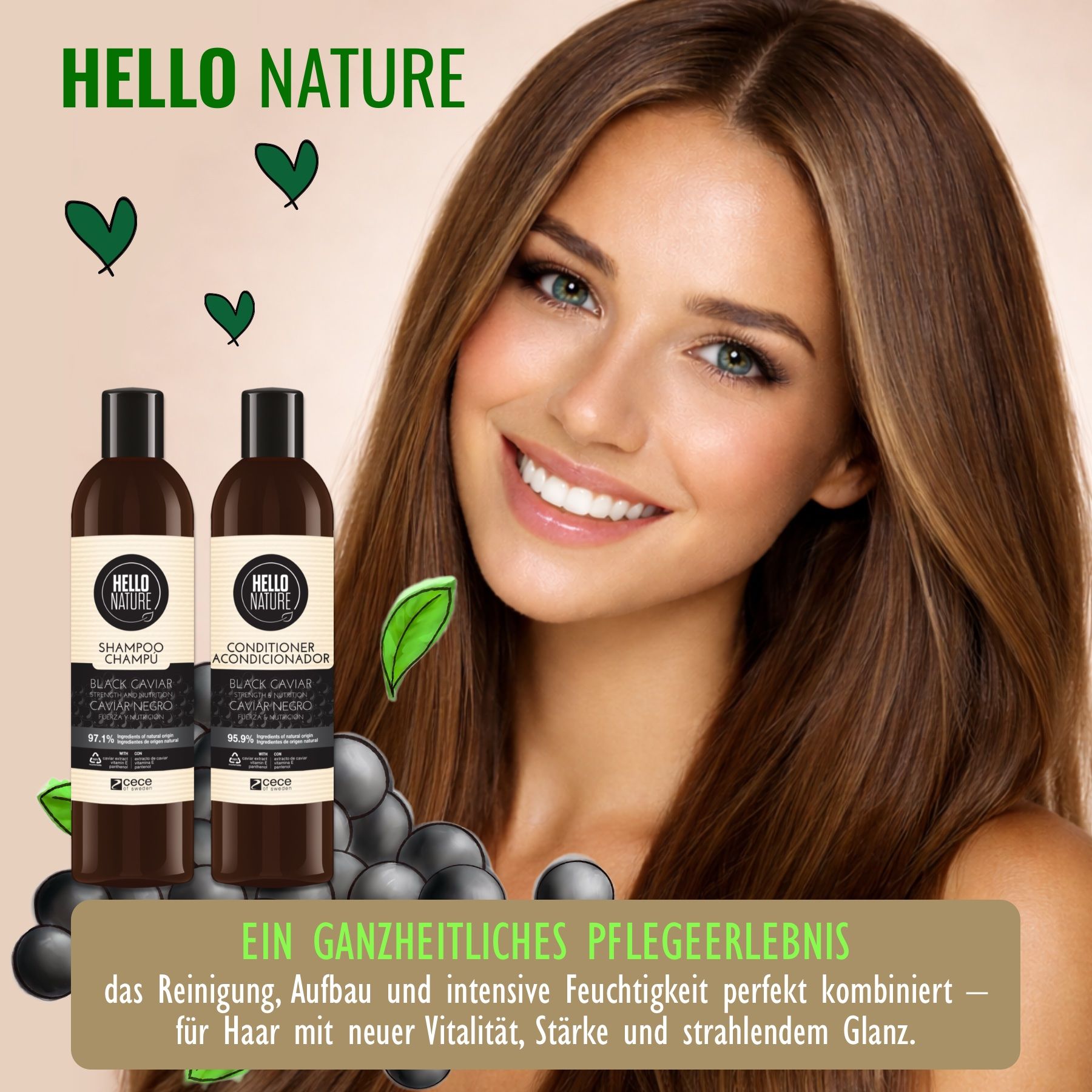 Hello Nature Haarpflege-Set Shampoo Spülung mit Black Caviar für die Haare