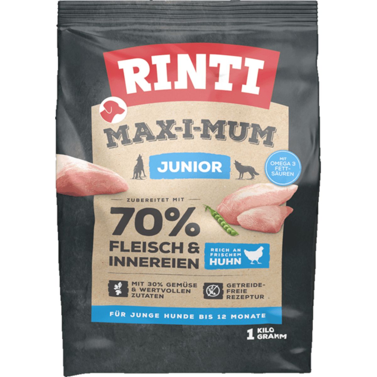 Rinti Max-i-Mum Junior Huhn Hundefutter, 1 kg Packung. Für junge Hunde bis 12 Monate.