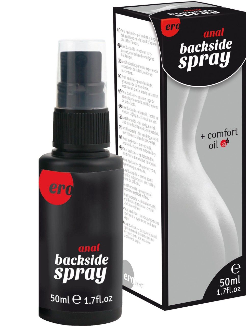 Schwarze Flasche mit Sprühkopf und Produktbezeichnung "anal backside spray". Volumen: 50ml. Mit Verpackung.