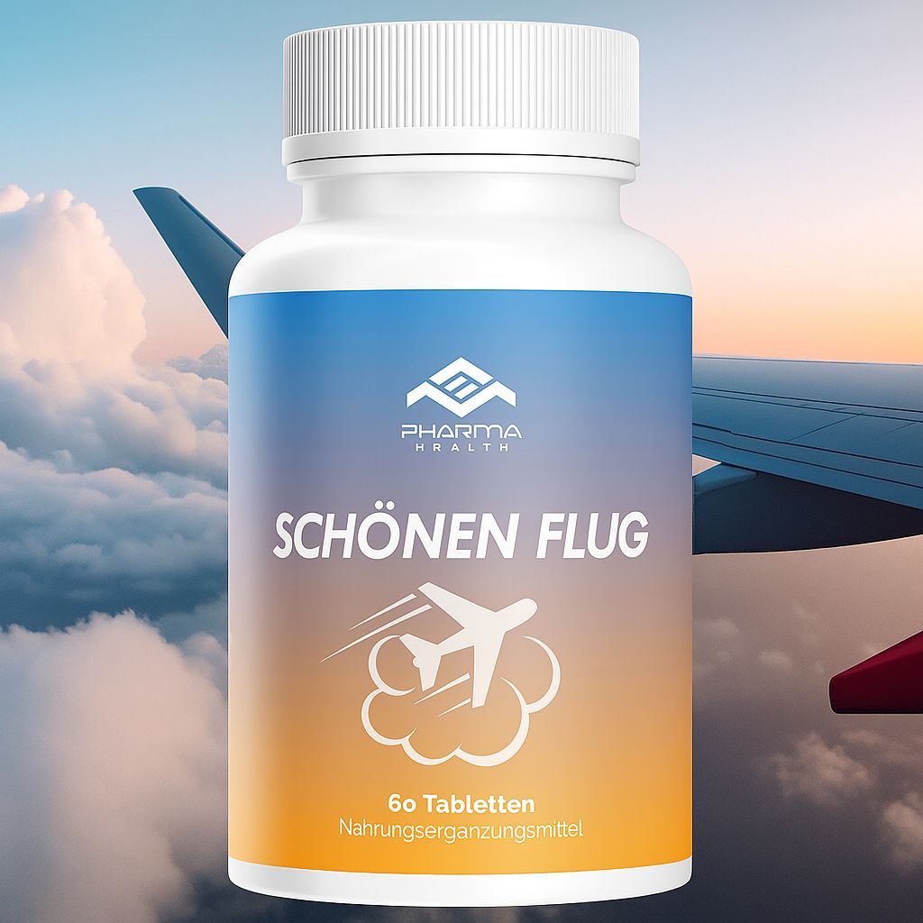 Weiße Tablettenflasche mit blau-orangefarbenem Etikett. Text: Schönen Flug, 60 Tabletten, Nahrungsergänzungsmittel. Logo: Flugzeug in Wolke. Hintergrund: Flugzeugflügel.
