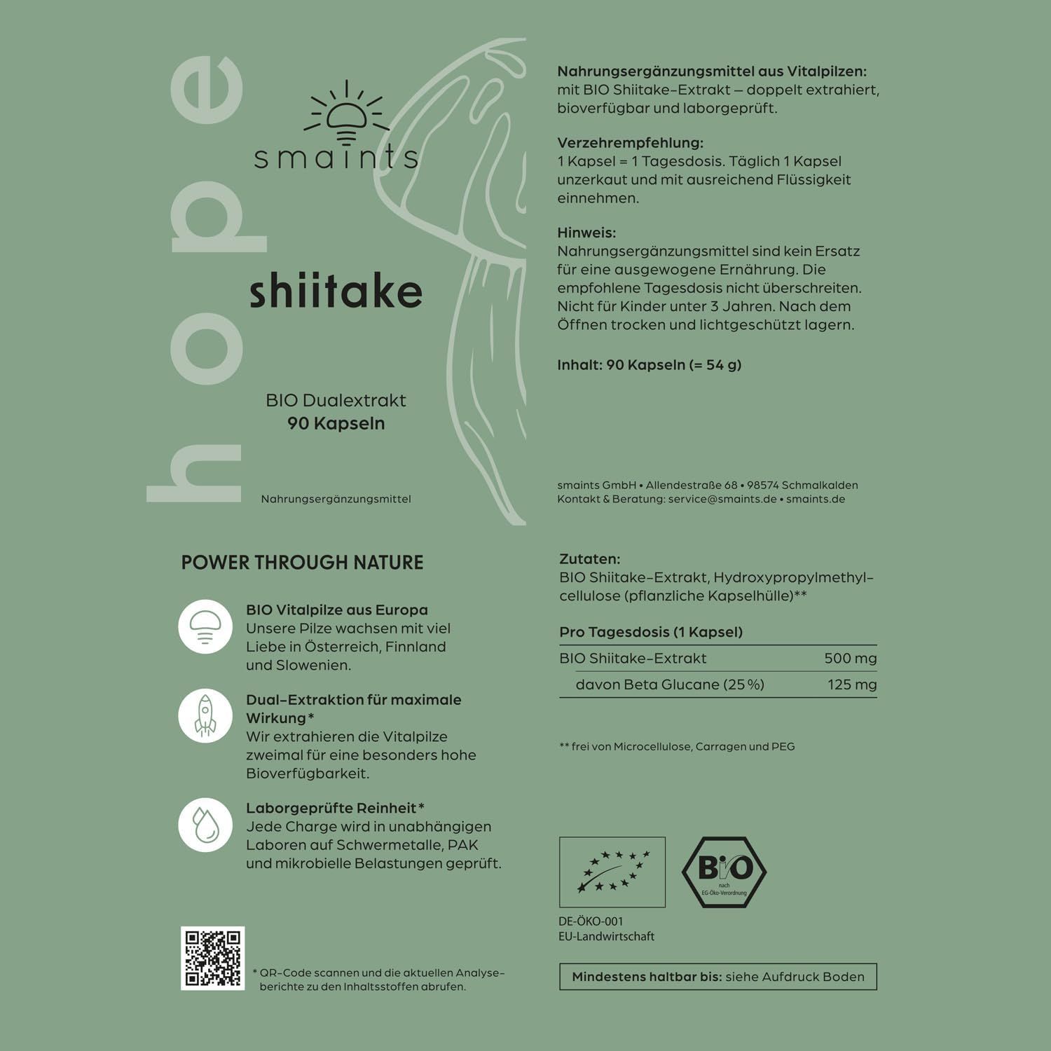 Produktinformationen auf grünem Hintergrund. Text: BIO Dualextrakt, 90 Kapseln. Inhaltsstoffe, Dosierung, Hinweise.