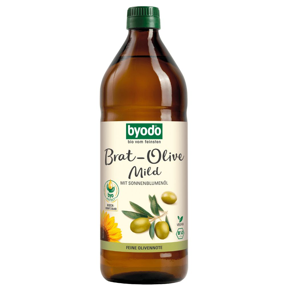 Braune Glasflasche mit grünem Deckel. Etikett mit Produktnamen, Oliven und Sonnenblume. Bio-Zertifizierung.