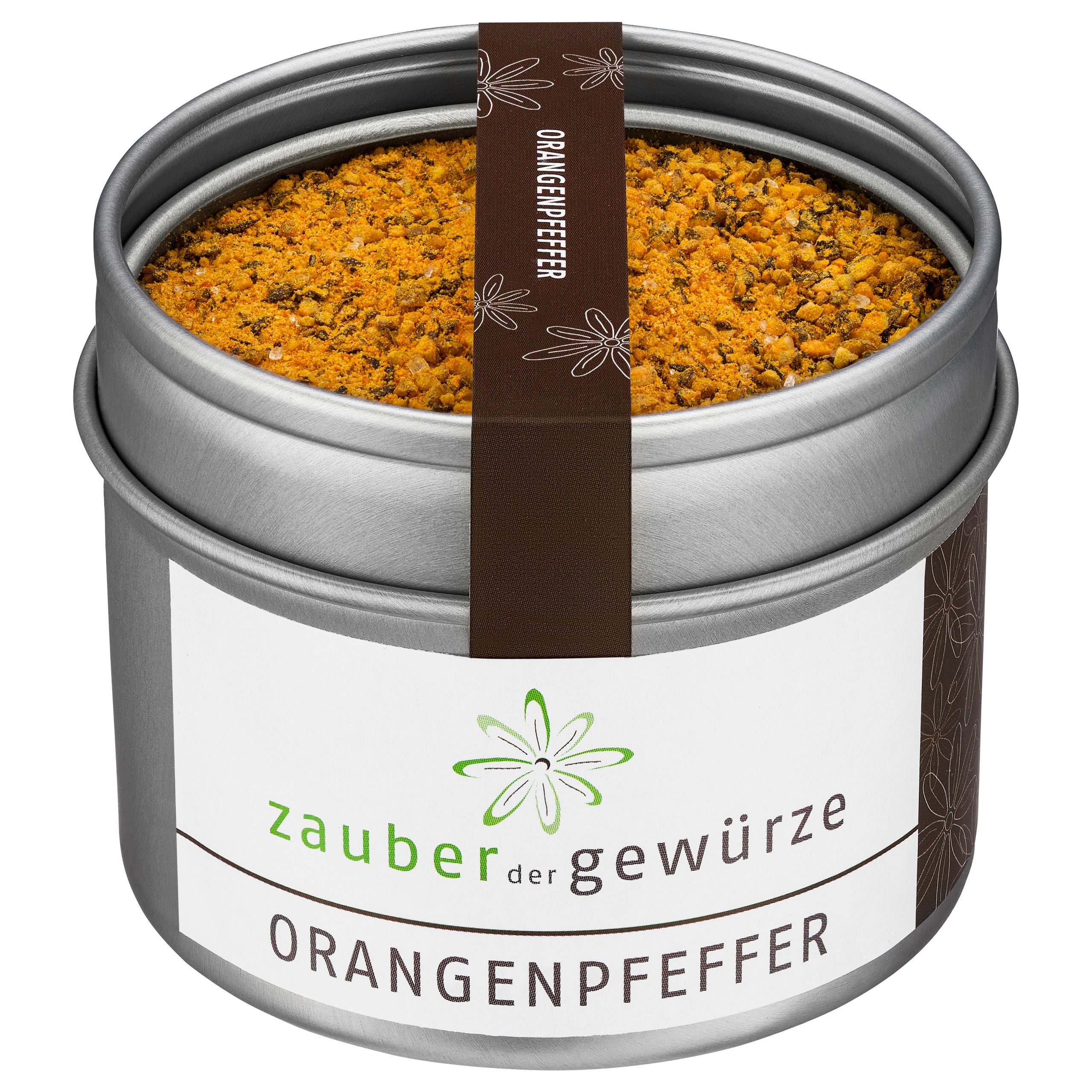 Gewürzzubereitung in Dose. Metallbehälter mit Etikett und Aufschrift 'Zauber der Gewürze Orangenpfeffer'. Brauner Streifen mit 'Orangenpfeffer'.