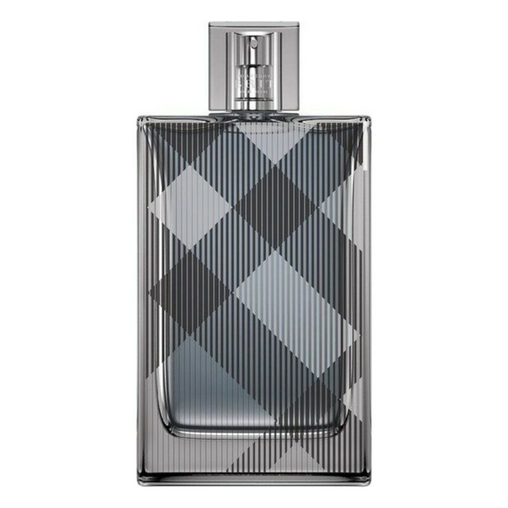 Burberry Brit for Men Eau de Toilette Spray. Quadratischer Flakon mit Karomuster. Silberner Zerstäuber.