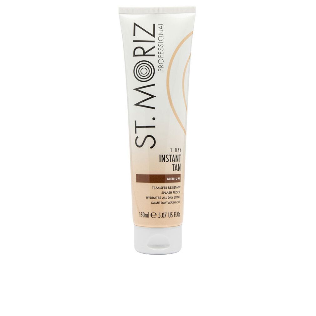 Tube mit St. Moriz Professional 1 Day Instant Tan Medium. Weiß-braune Farbverlauf, Produktnamen und -details.
