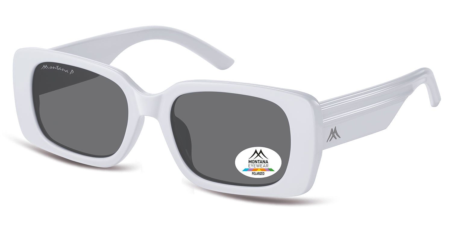 Weiße Sonnenbrille, rechteckige Gläser. Schwarze Gläser. Montana Eyewear Logo auf dem Bügel und Polarisations-Aufkleber.