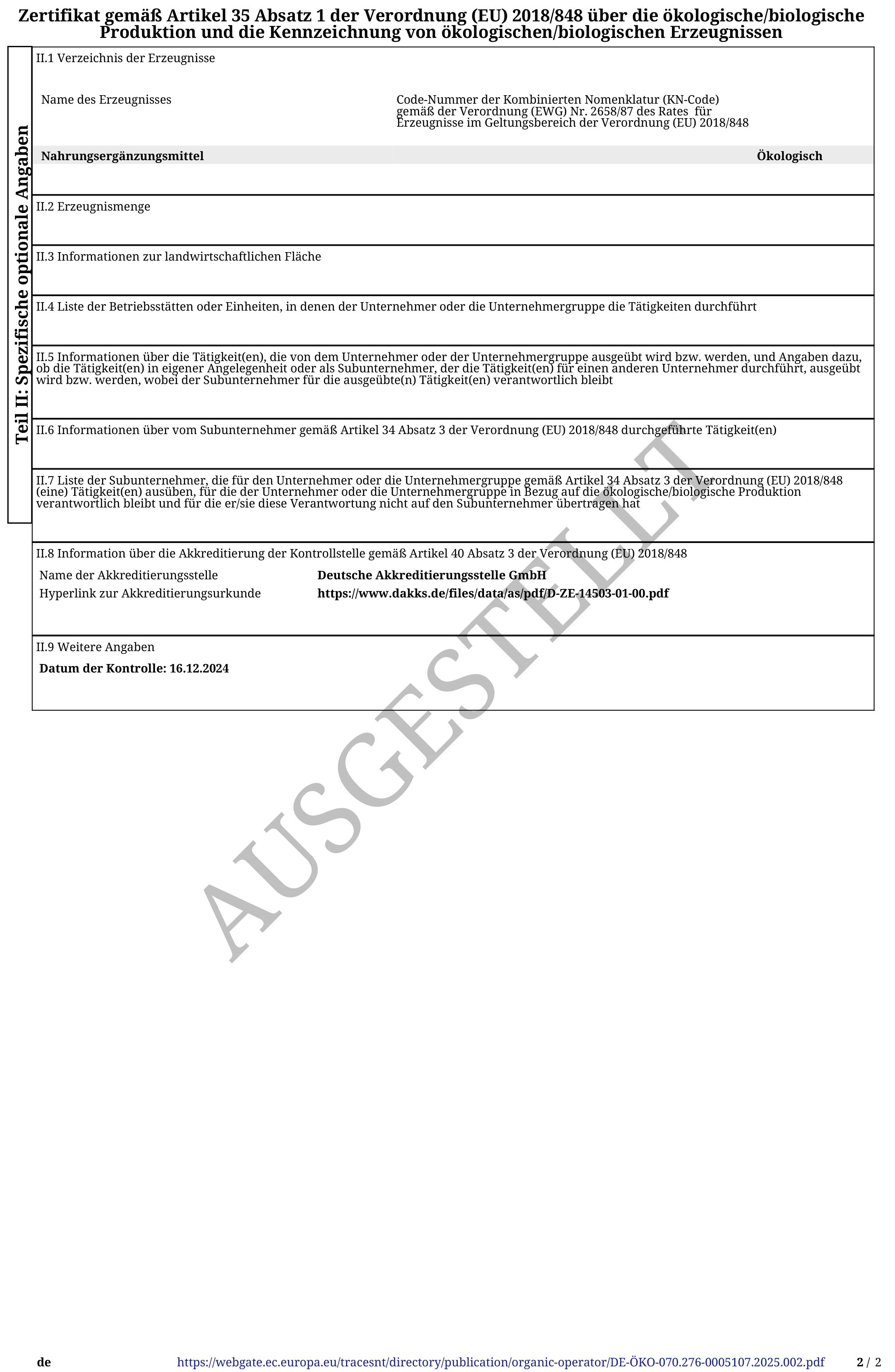 Zertifikat für ökologische/biologische Erzeugnisse. Ausgestellt von LACON GmbH. Seite 2.