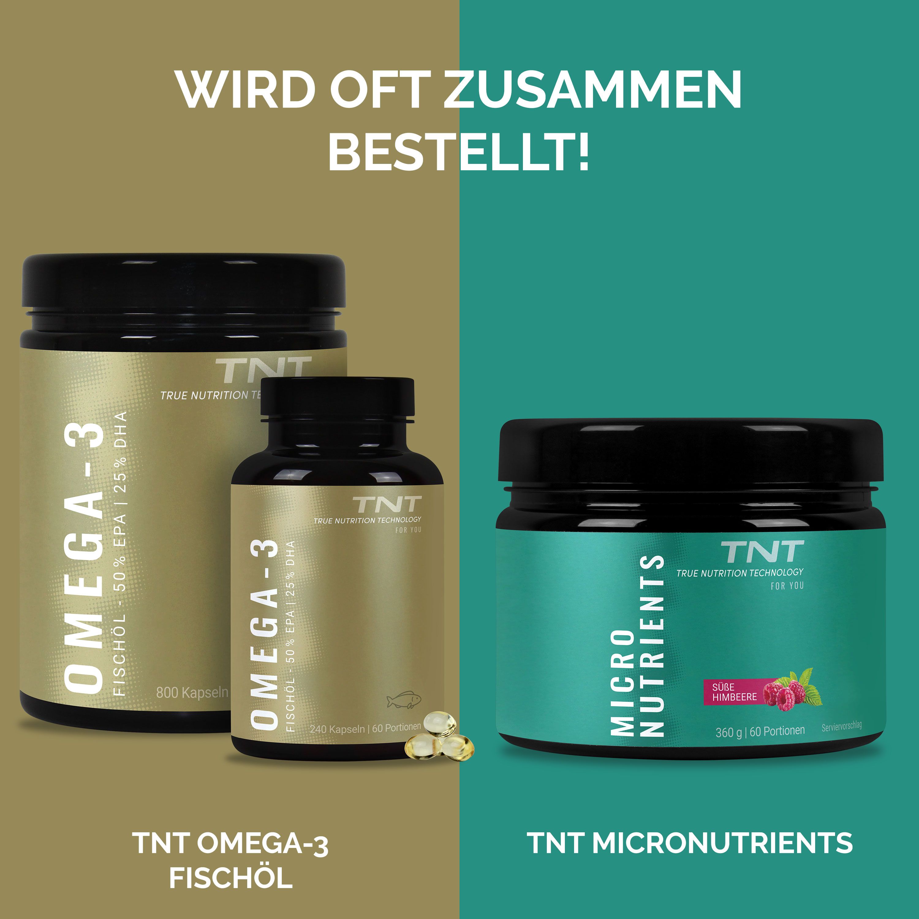 Zwei Flaschen Omega-3 Kapseln und eine Flasche Mikronährstoffe. Text: 'TNT OMEGA-3 FISCHÖL'.