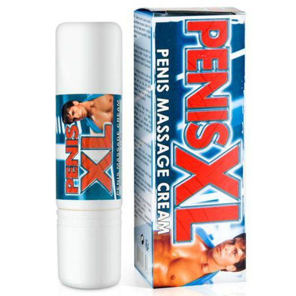Creme-Tube und Schachtel. Aufschrift: PENIS XL, PENIS MASSAGE CREAM. Abbildung eines Mannes.