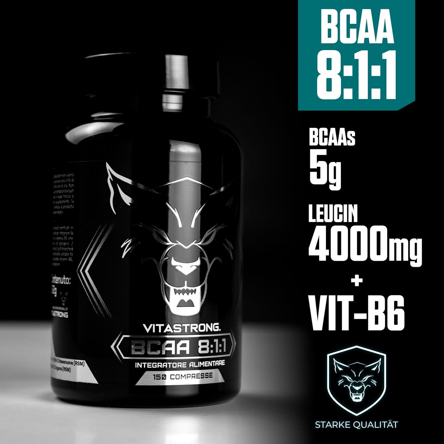 Vitastrong BCAA 8:1:1 Flasche. BCAA 5g, Leucin 4000mg + Vit-B6. Schwarzer Hintergrund. Starke Qualität.