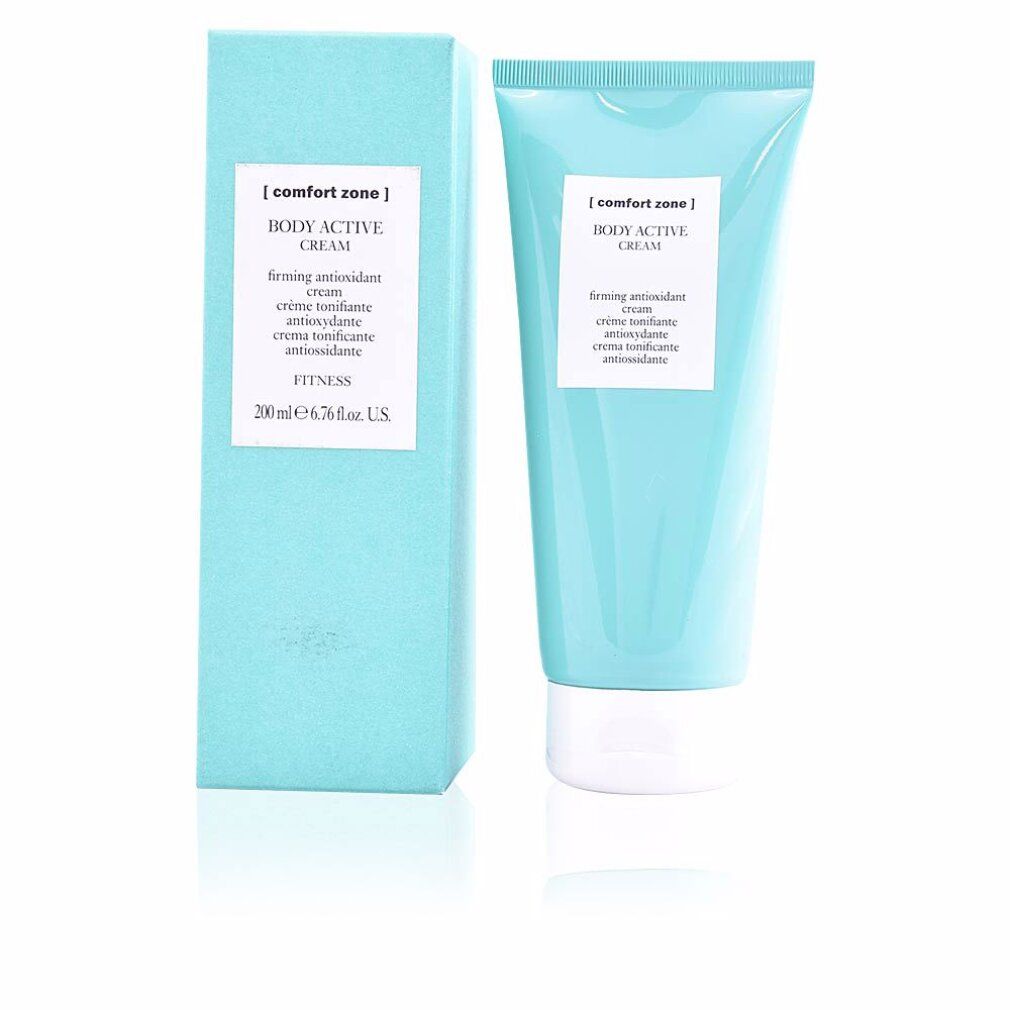 Türkisfarbene Tube und Schachtel. Aufschrift: Body Active Cream, firming antioxidant cream. Fitness.