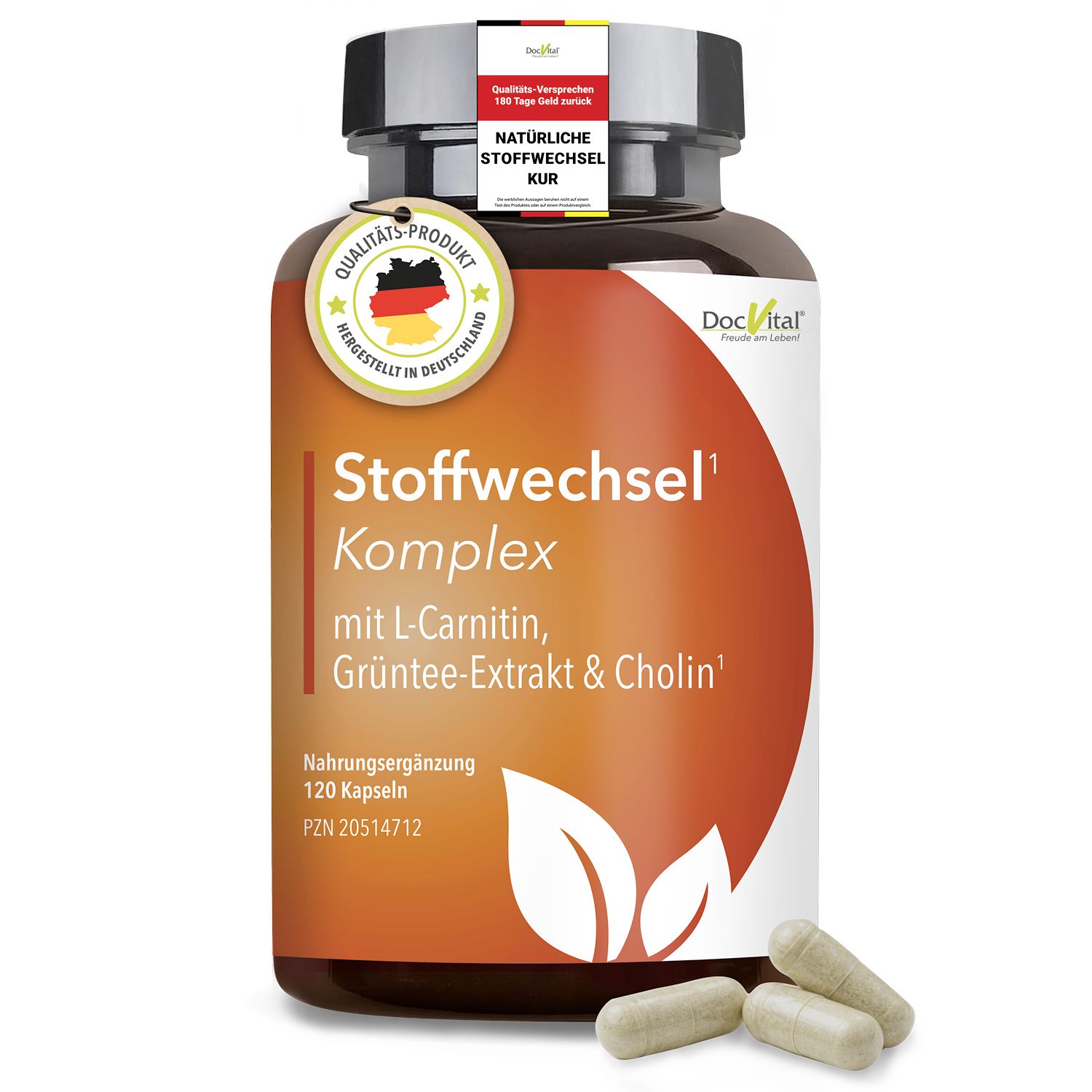 Braune Flasche mit Kapseln. Aufschrift: Stoffwechsel Komplex, L-Carnitin, Grüntee-Extrakt & Cholin. 120 Kapseln. Qualitäts-Produkt.