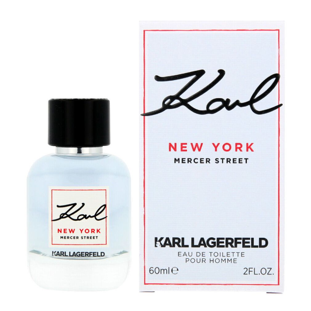 Karl Lagerfeld New York Mercer Street Eau de Toilette Flakon und Verpackung. Flakon mit schwarzem Deckel, hellblauem Inhalt und weißer Verpackung.