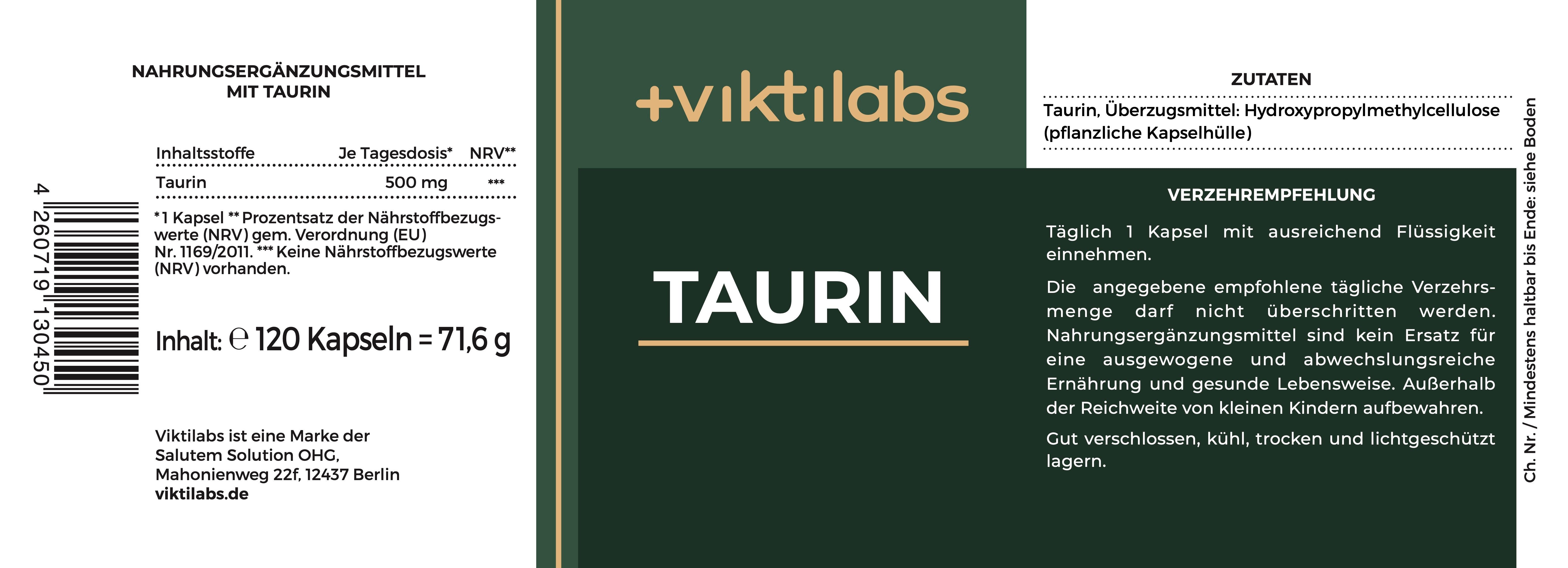 Viktilabs Aminosäure Taurin: Hochdosiert mit 500 mg je Kapsel