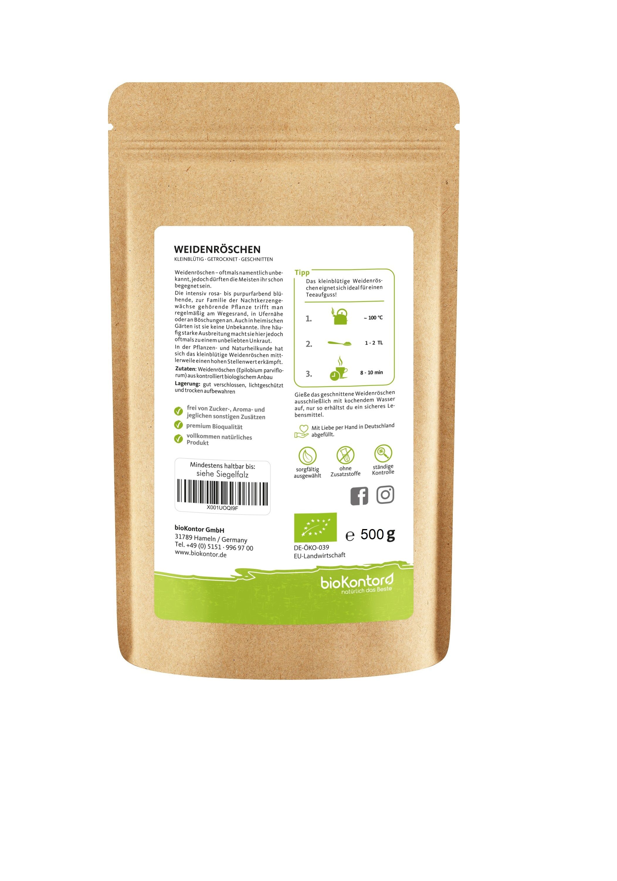 Rückseite einer braunen Tüte. Text: Weidenröschen. Zubereitungshinweise. Bio-Siegel. Inhalt: 500g.