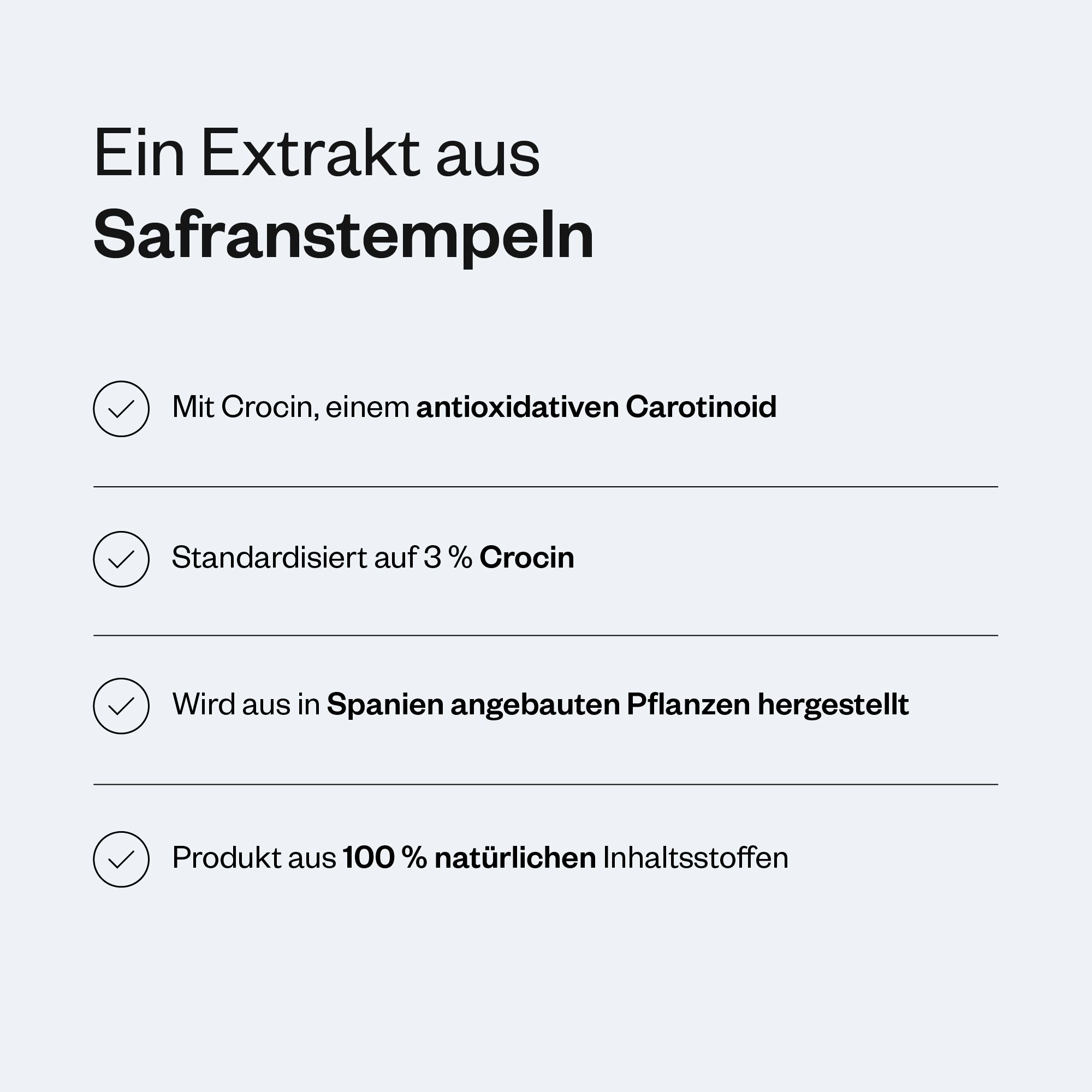Text mit Aufzählungspunkten: Crocin, 3% Crocin, hergestellt in Spanien, 100% natürliche Inhaltsstoffe.