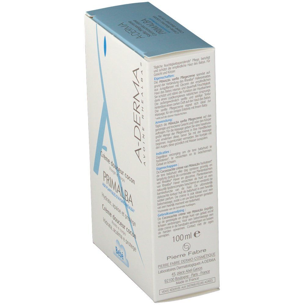 Kartonnen verpakking. A-DERMA en PRIMALBA logo. Tekst: Crème douceur cocon, 100 ml. Pierre Fabre.