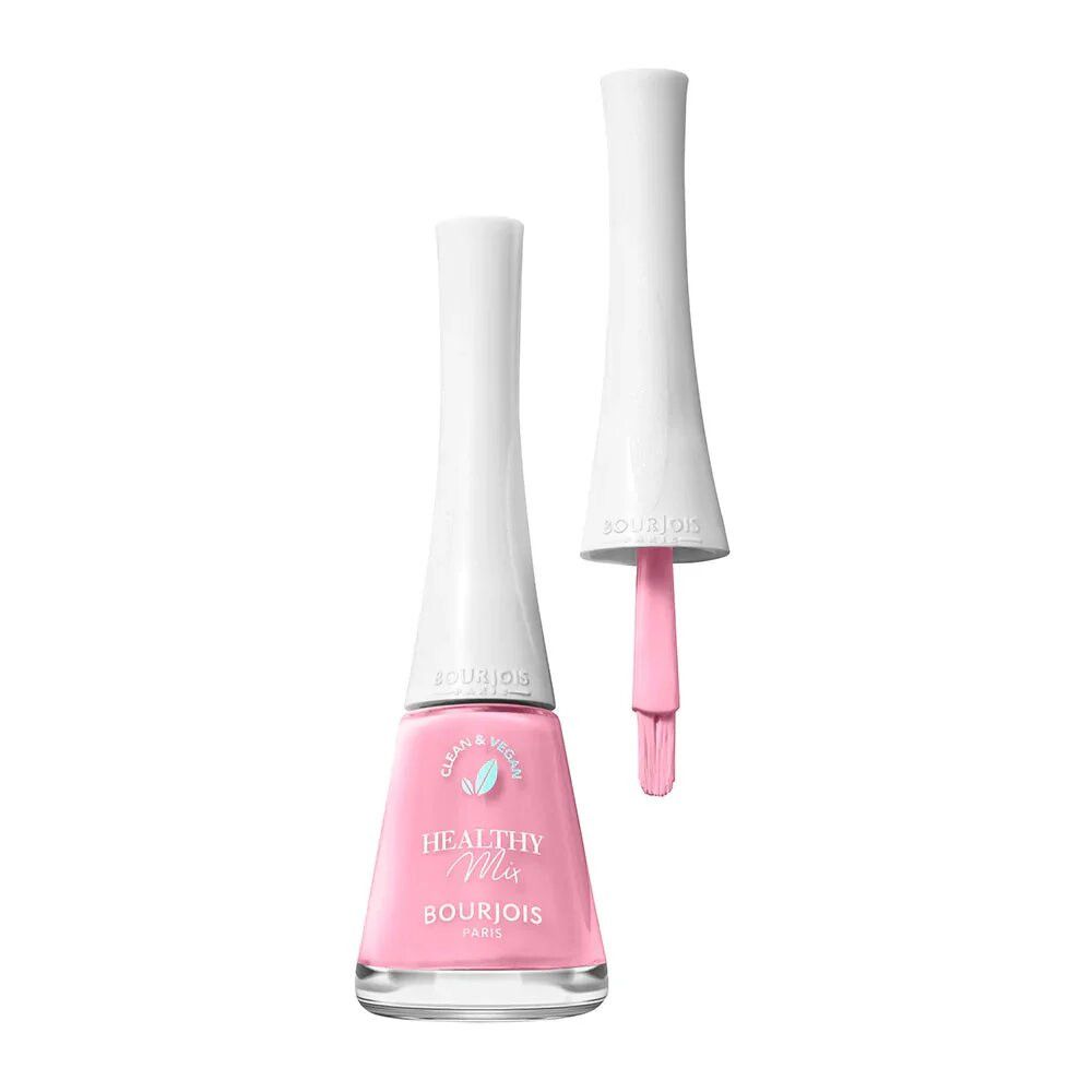 Nagellackflasche mit rosa Inhalt. Pinsel vom Deckel getrennt. Weißer Deckel mit Schriftzug HEALTHY MIX und Bourjois.
