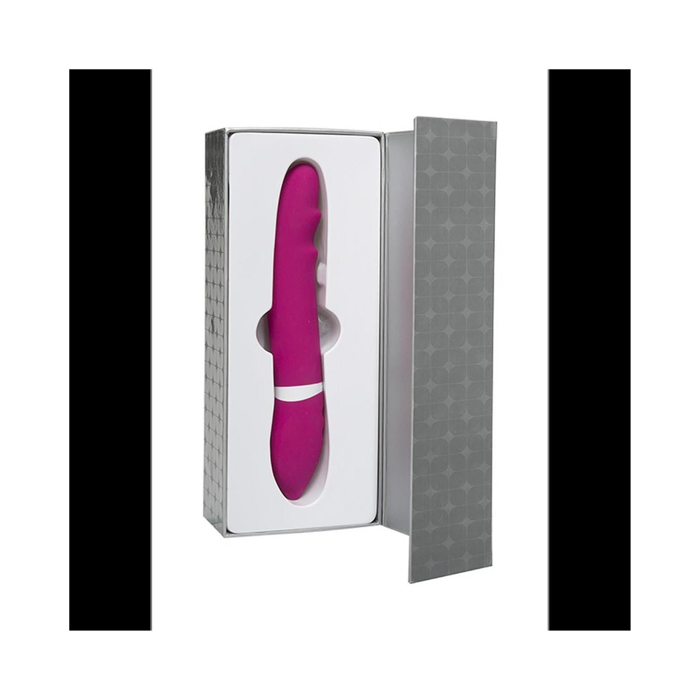 Rosa Vibrator in geöffneter Verpackung. Innen weiß, außen grau mit Muster. Vibrator mit weißem Band und Knöpfen.