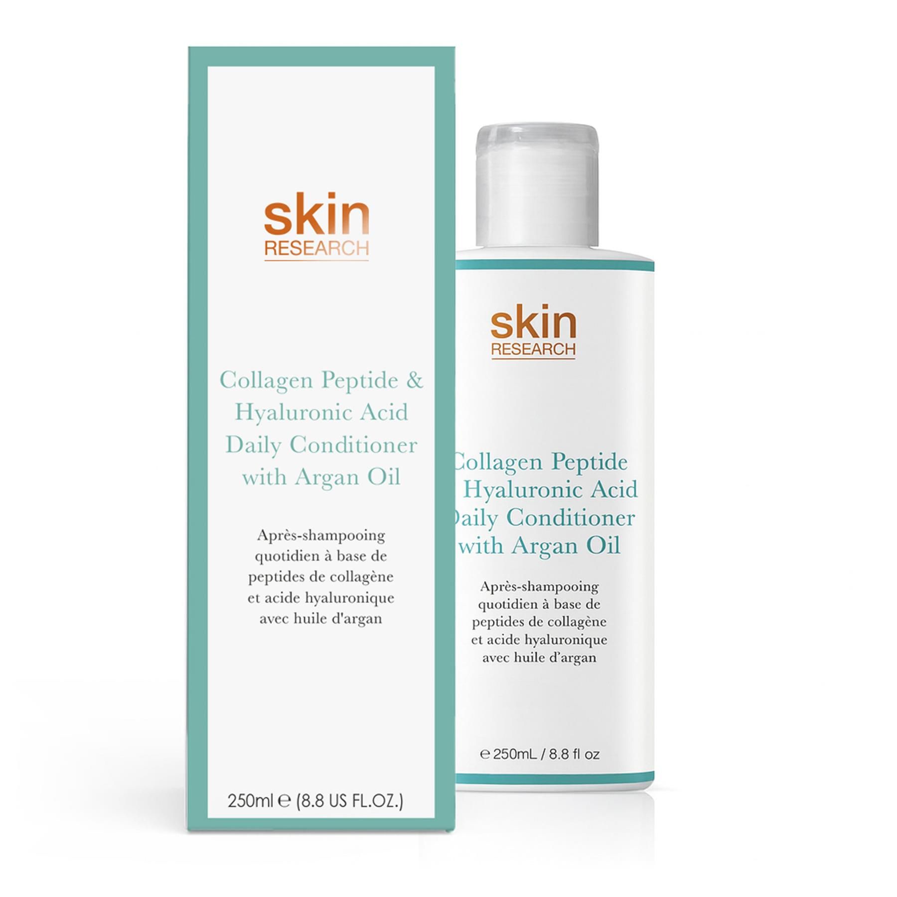 Skin Research Tägliche Pflegespülung mit Kollagenpeptiden, Hyaluronsäure und Arganöl, Flasche und Karton.