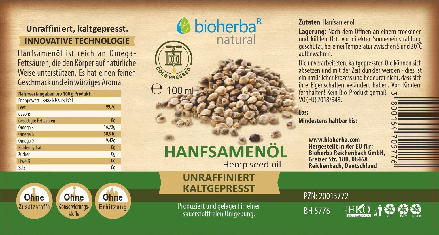 Etikett mit Hanfsamen, Text: Hanfsamenöl, kaltgepresst, Bioherba. Enthält Nährwertangaben und Zertifizierungen.