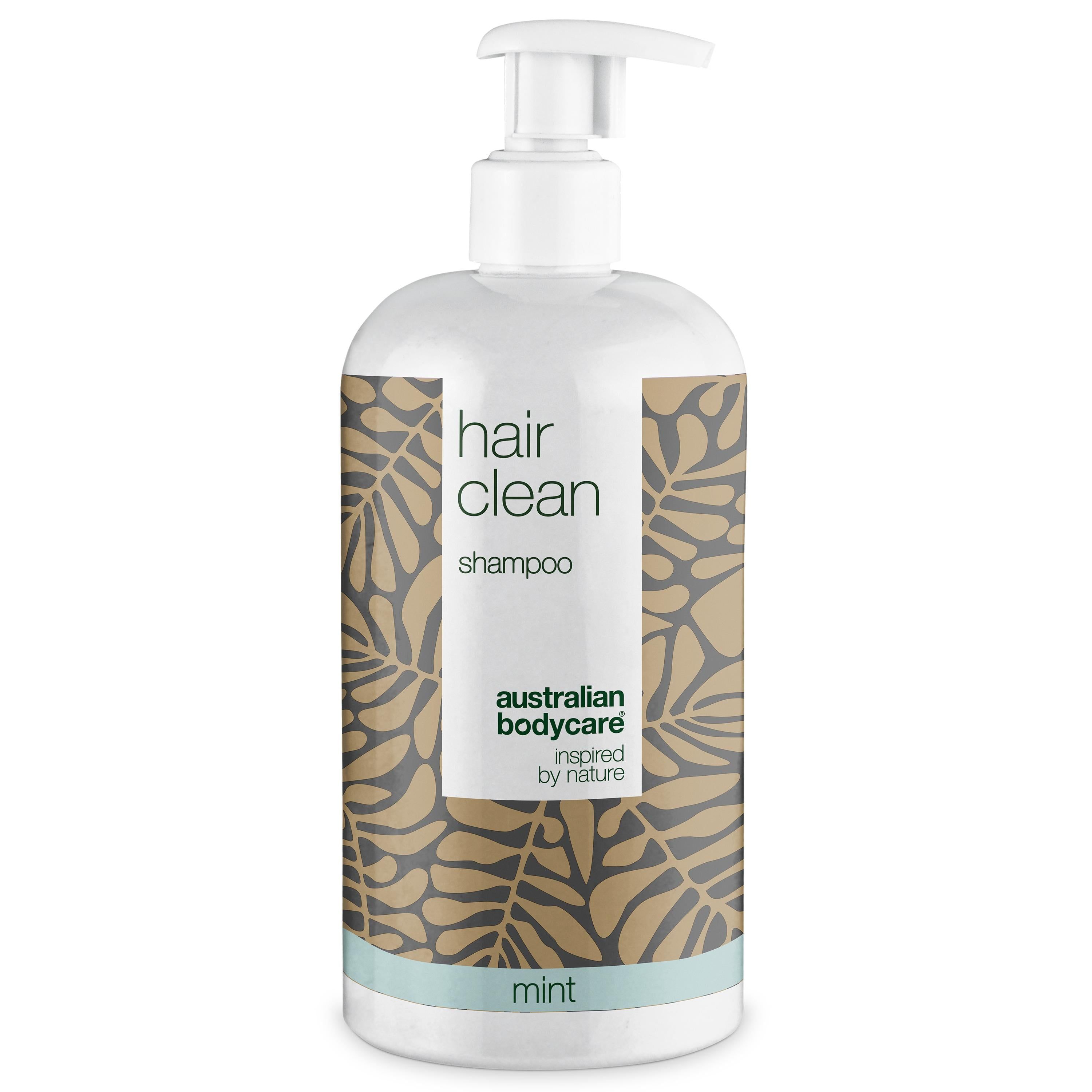 Weißer Flakon mit Pumpspender. Aufschrift: hair clean shampoo, australian bodycare, mint.