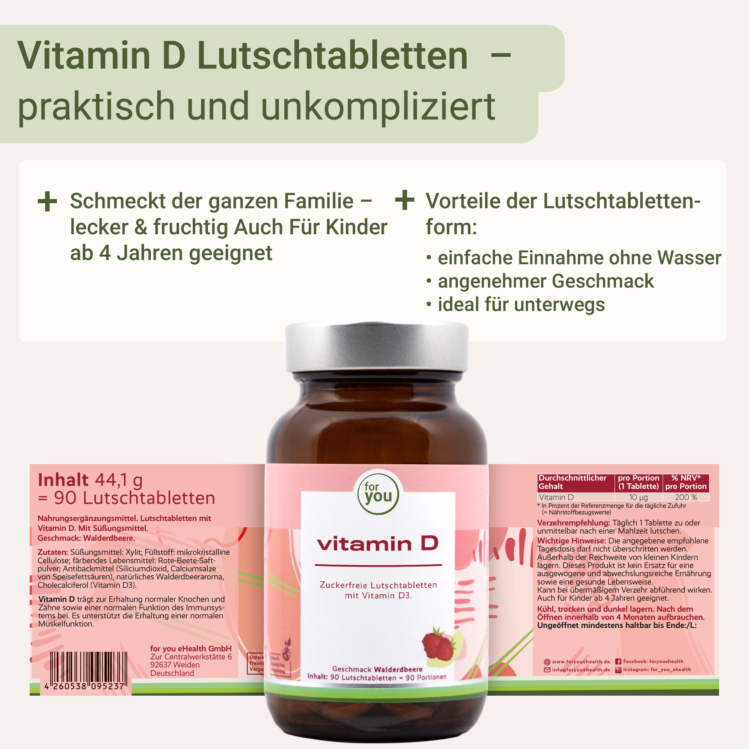 Flasche mit Vitamin D Lutschtabletten und aufgeklappten Seitenflügeln, die Produktinformationen zeigen.