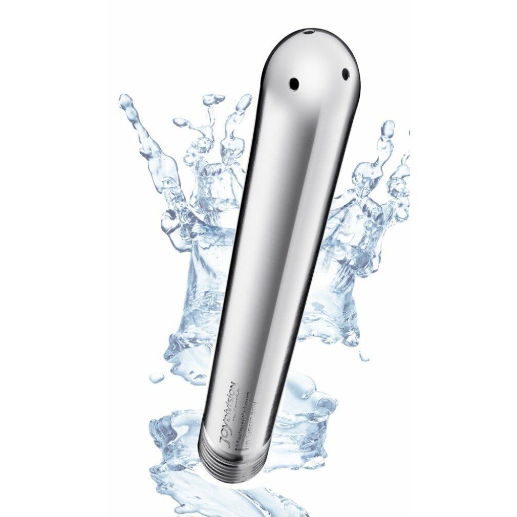 AQUAstick Intimdusche, im Wasser. Silberfarbenes Metall, zylindrisch, mit Gewinde. Wasser spritzt.