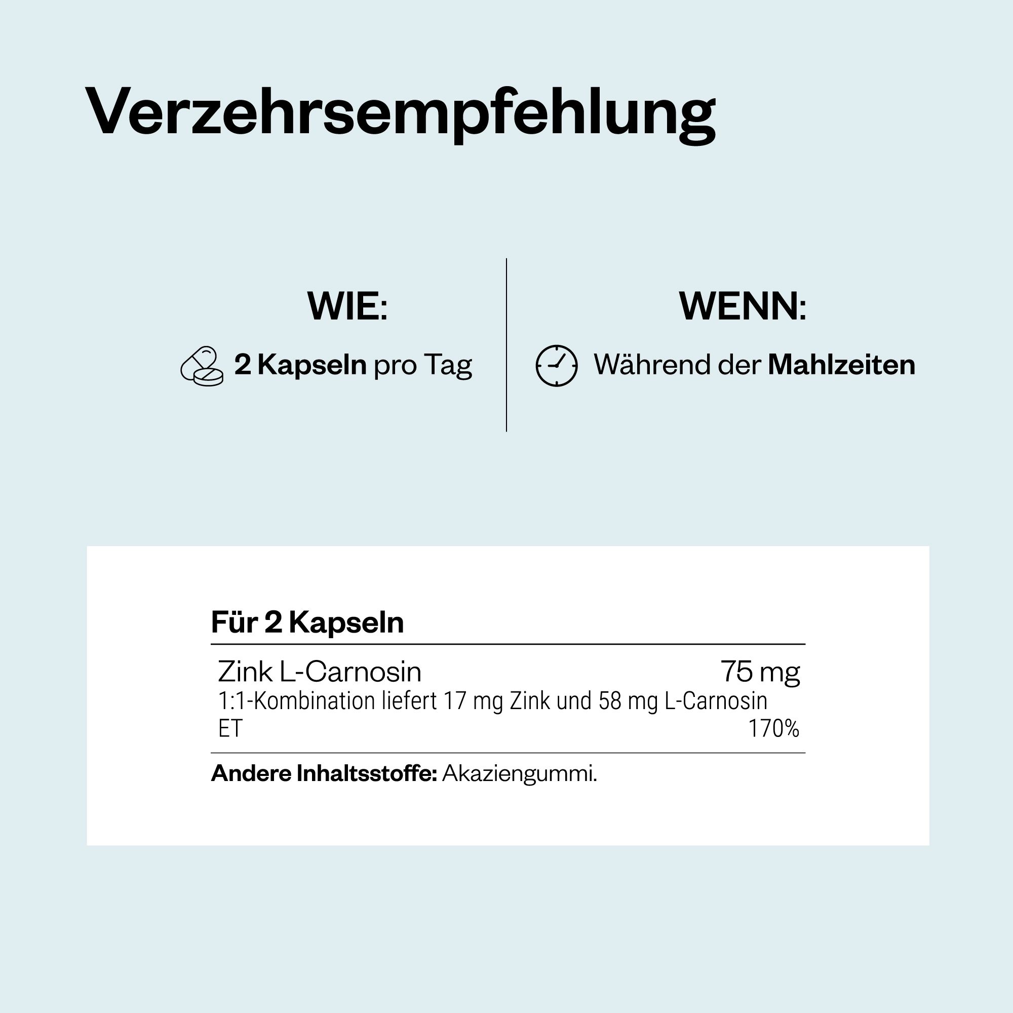 Text: Verzehrsempfehlung. 2 Kapseln pro Tag. Während der Mahlzeiten. Für 2 Kapseln: Zink L-Carnosin 75 mg. SuperSmart-Logo.