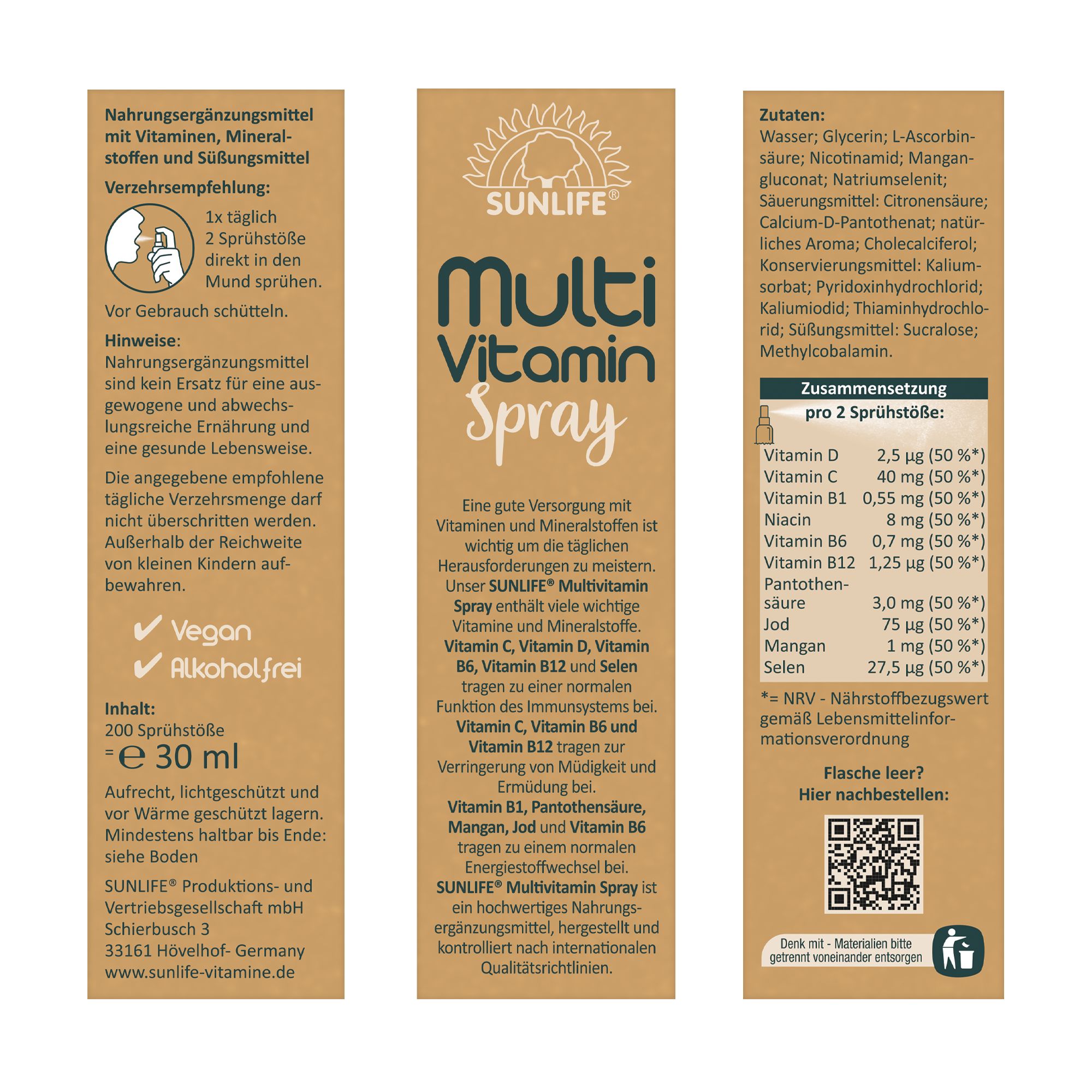 Verpackung SUNLIFE Multi Vitamin Spray. Inhaltsangaben, Verzehrempfehlung, Zutaten. Vegan, alkoholfrei. 30 ml, 200 Sprühstöße.