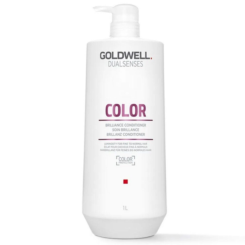 Goldwell Dual Senses Color Conditioner Flasche. Weiß, mit Pumpverschluss. Schriftzug: COLOR, Brilliance Conditioner. 1L.