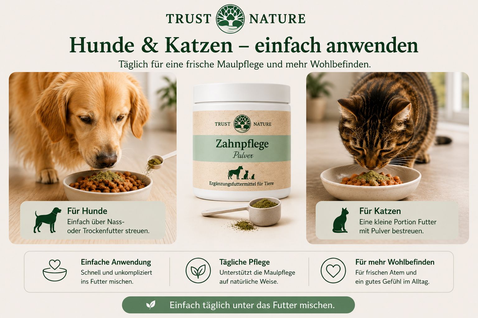 Hund und Katze fressen aus Näpfen, Trust Nature Zahnpflege Pulver Dose.