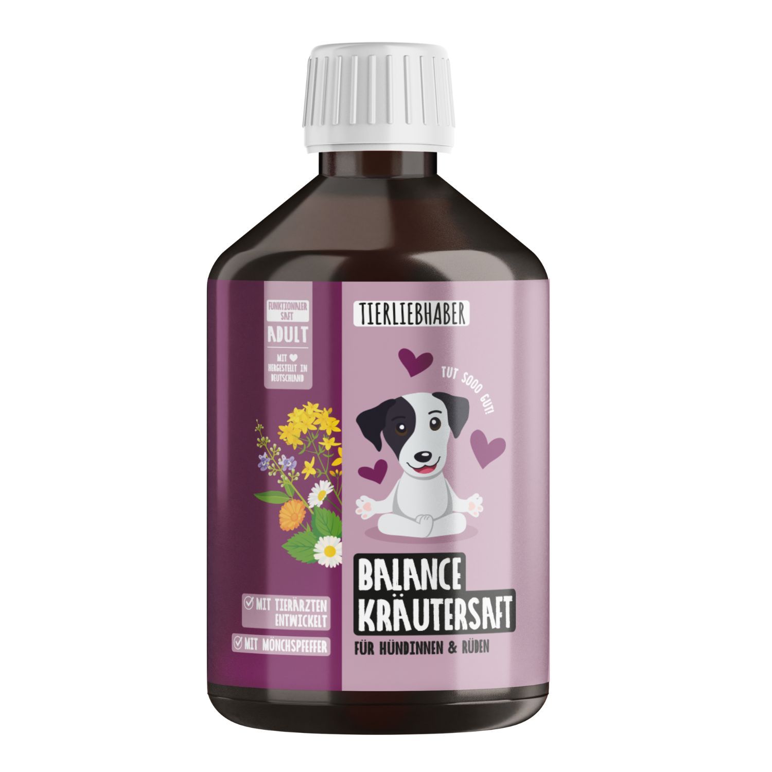 Flasche Tierliebhaber Balance Kräutersaft mit Hundemotiv, Kräutern und Herzen.