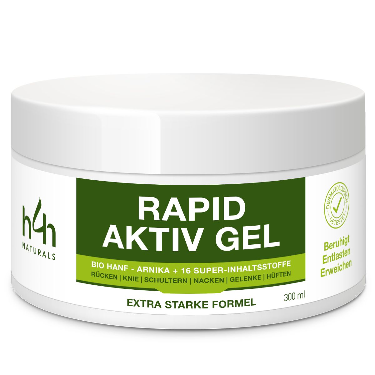 Weißes Tiegel mit grünem Etikett. Text: Rapid Aktiv Gel, 300ml. Bio Hanf, Arnika, 16 Super-Inhaltsstoffe. Dermatologisch getestet.