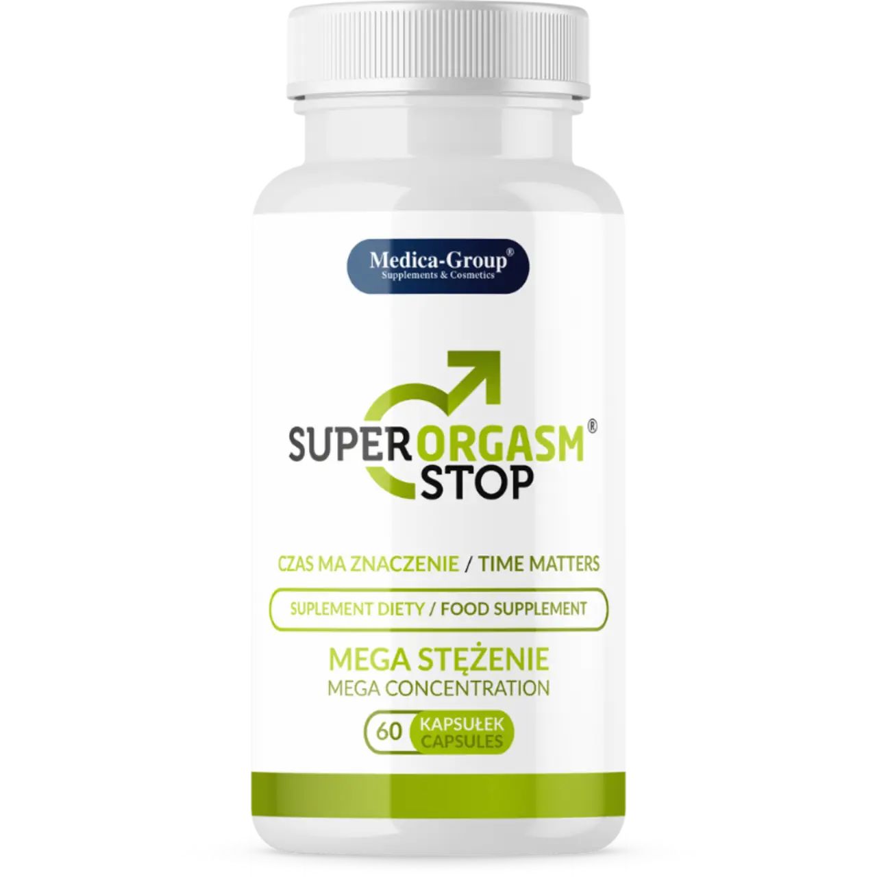 Weiße Kapsel-Flasche. Aufschrift: Super Orgasm Stop, 60 Kapseln, Medica-Group. Grünes Logo und Schrift.
