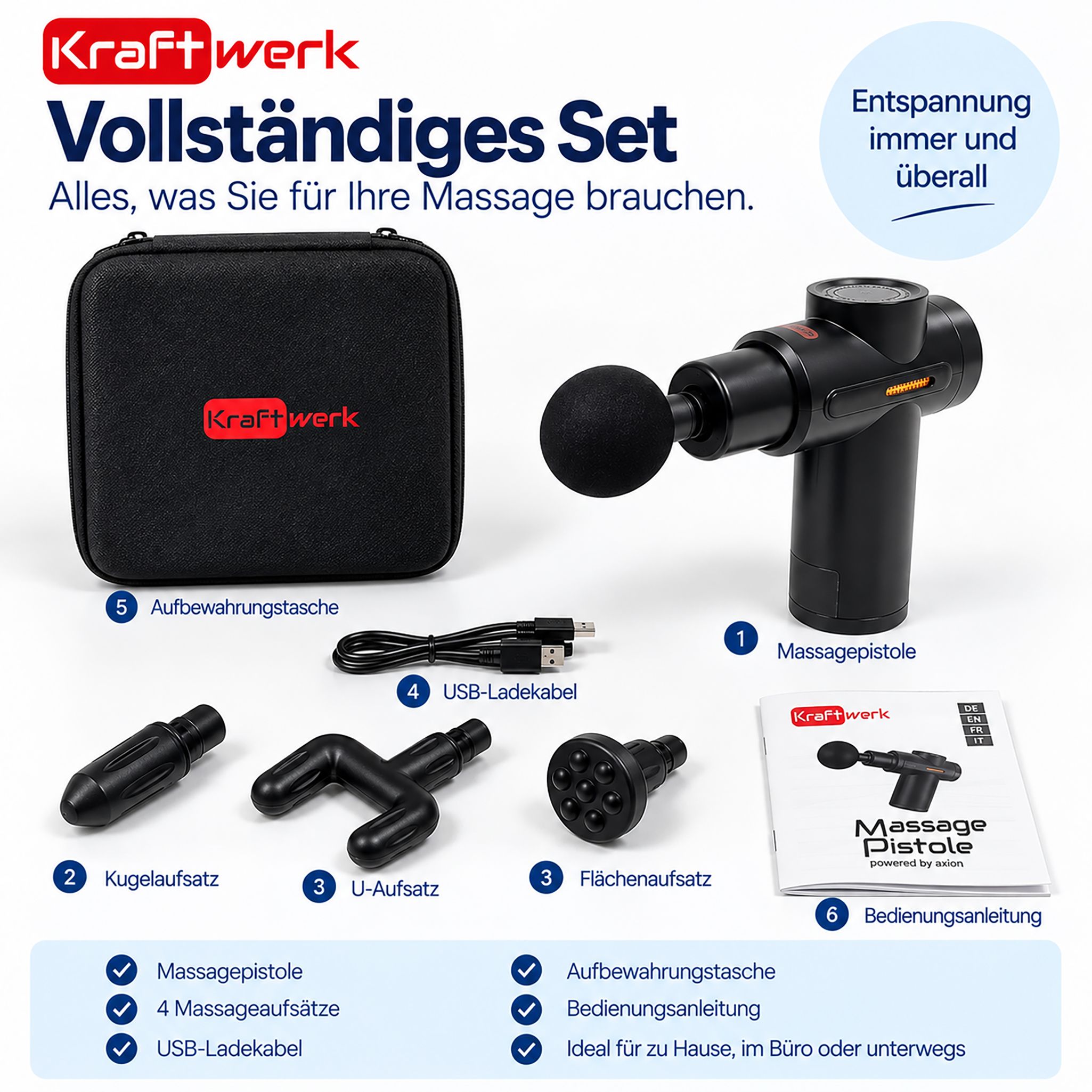 Vollständiges Set: Massagepistole, 4 Aufsätze, USB-Kabel, Anleitung, Tasche.