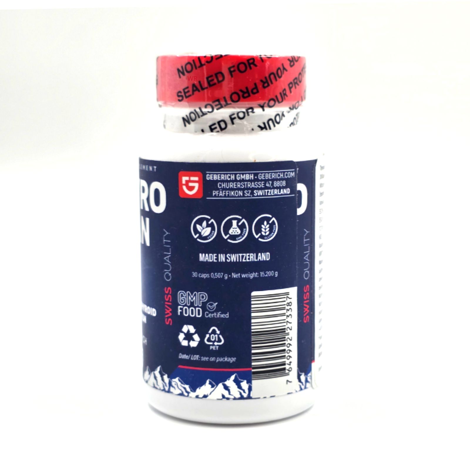 Weiße Flasche mit rotem Deckel. Aufschrift: ThyroXan, Geberich, Swiss Quality, GMP Food Certified. Hergestellt in der Schweiz.