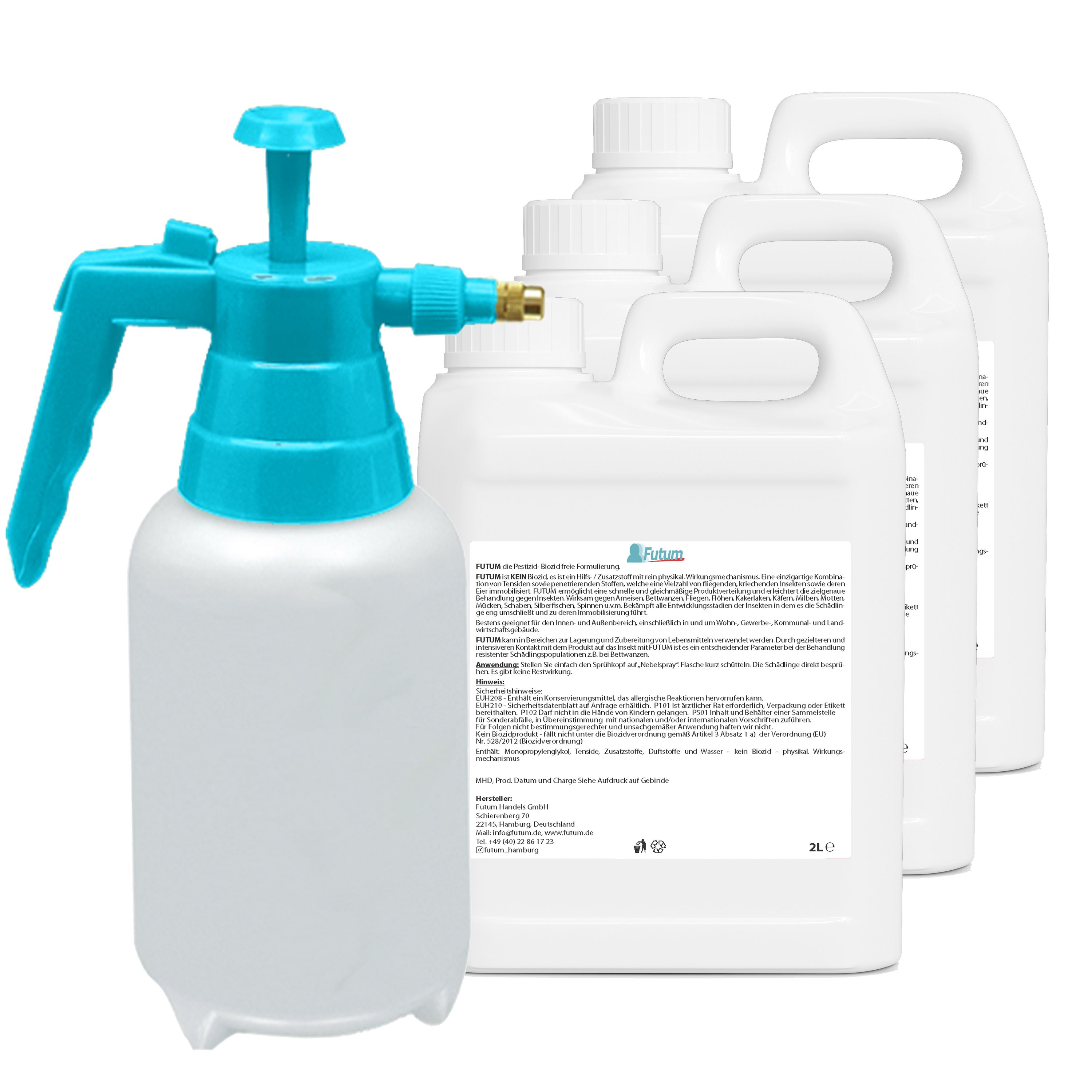 Ein Sprüher mit blauem Griff und drei weiße Kanister. Auf einem Kanister ist das Produkt FUTUM 2L Ameisen-/Termitenspray abgebildet.
