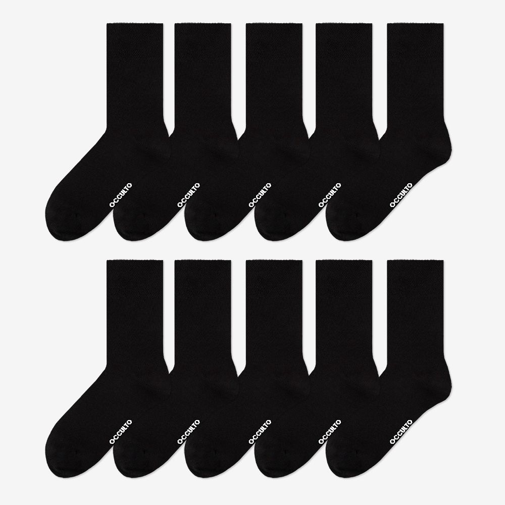 Zehn Paar schwarze Diabetikersocken, jeweils mit kleinem weißem Logo.