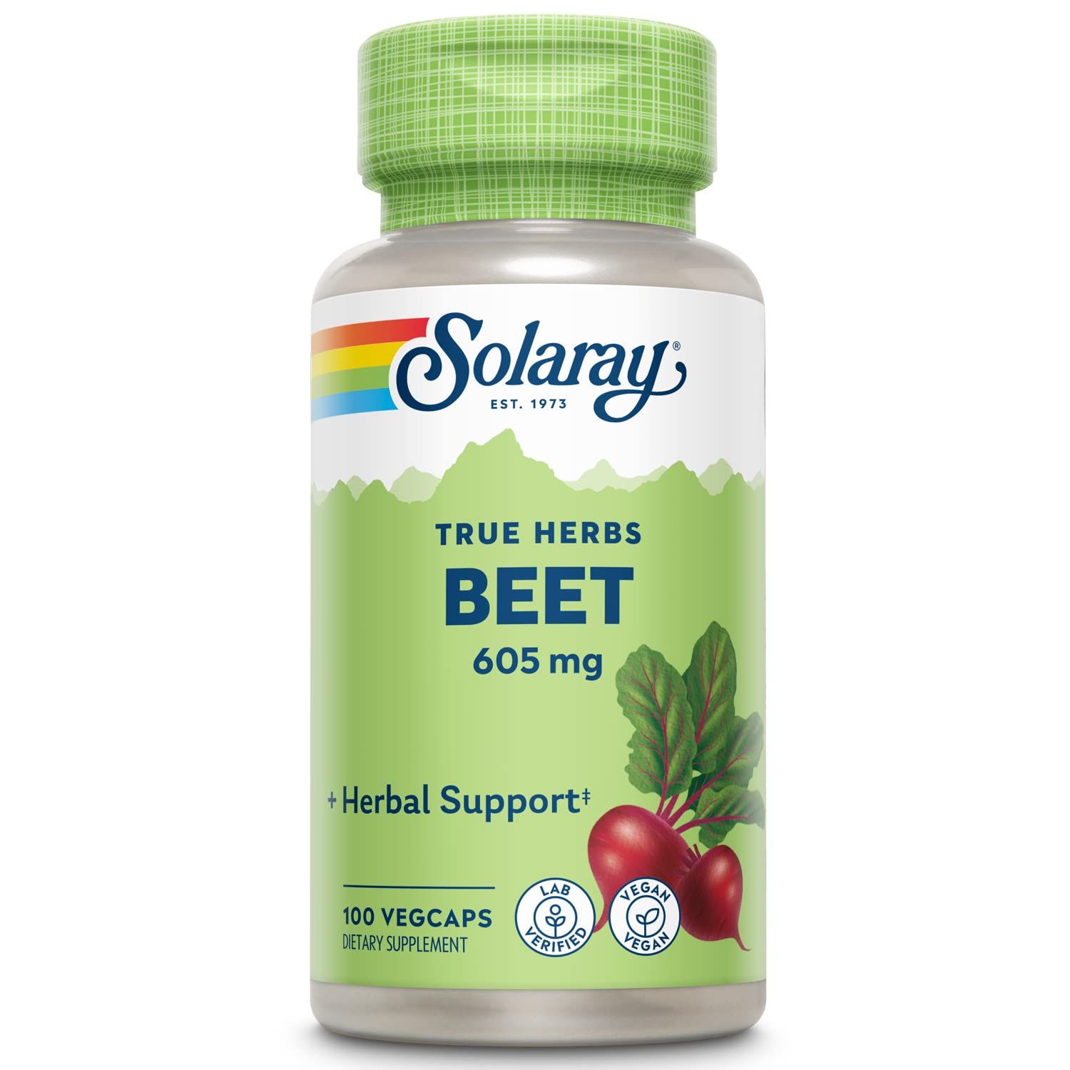 Solaray Rote Bete 605 mg. Flasche mit grüner Kappe. Etikett mit Produktnamen, Inhaltsstoffen und Logo. 100 Vegcaps.