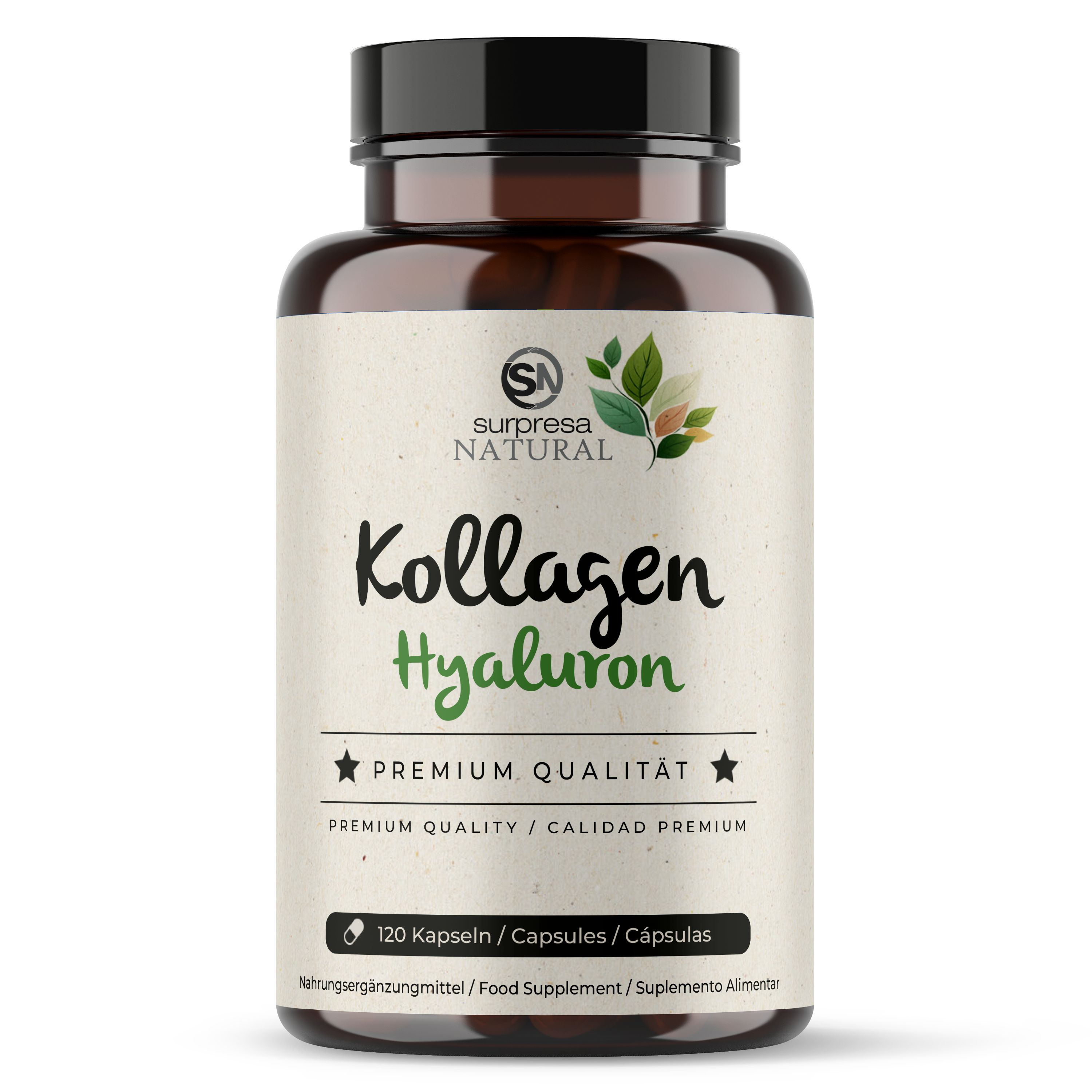 Braune Flasche mit Kapseln. Aufschrift: Surpresa Natural, Kollagen Hyaluron, Premium Qualität. 120 Kapseln.