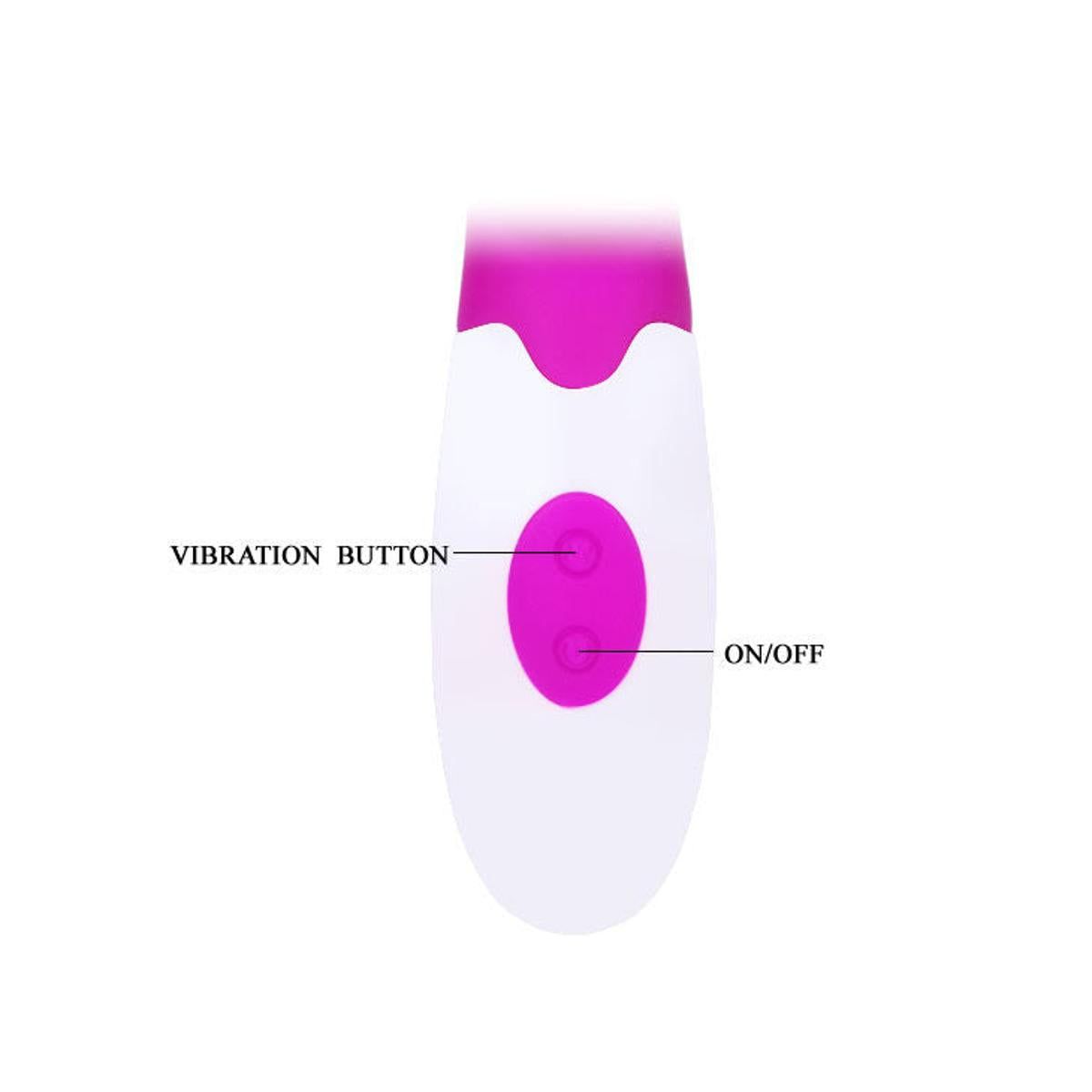 Nahaufnahme des weißen Kopfes eines lila-weißen Vibrators. Beschriftung: Vibration Button, On/Off.