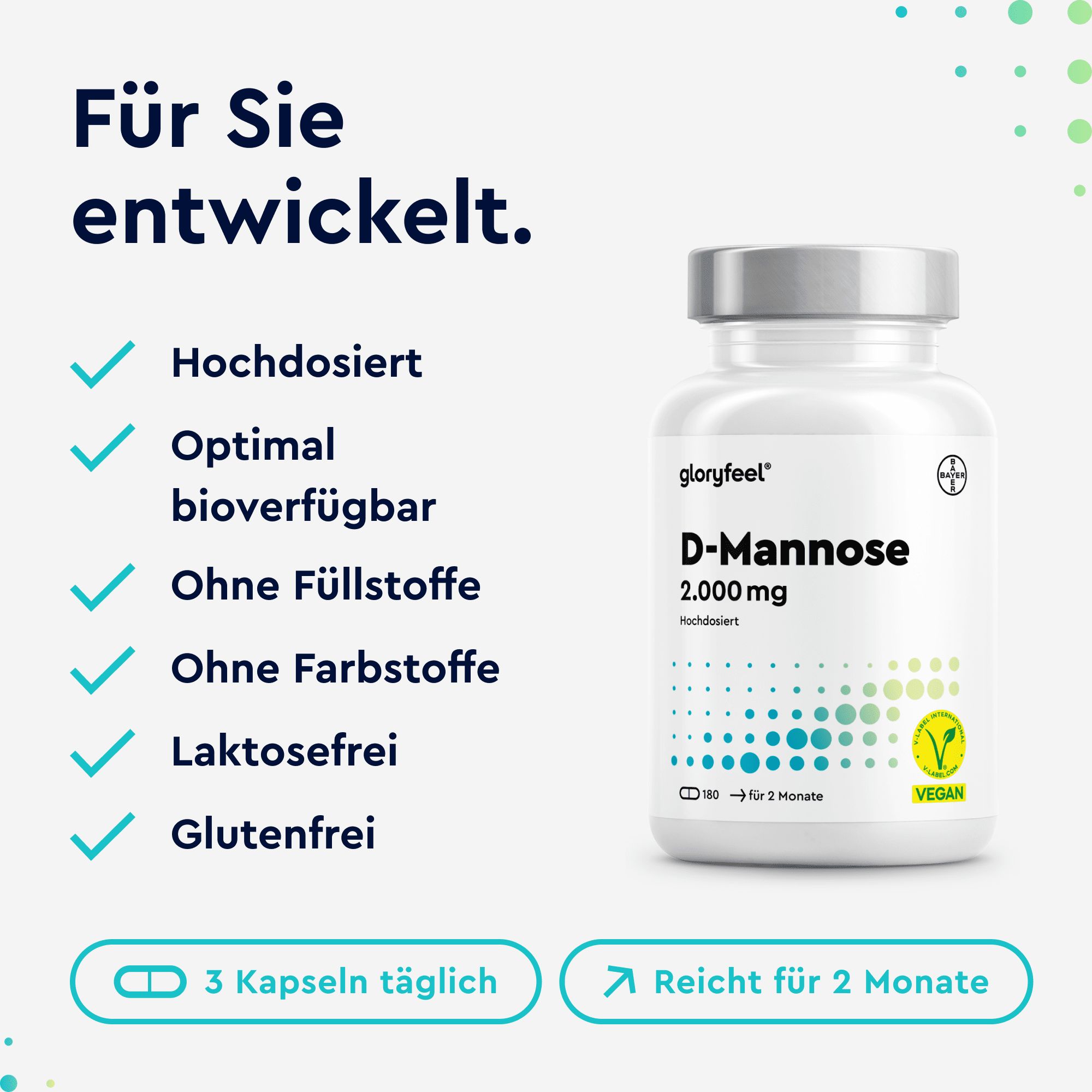 Weißes Pillenglas mit Aufschrift D-Mannose 2.000 mg. Text: Hochdosiert, ohne Füllstoffe, laktosefrei, glutenfrei.