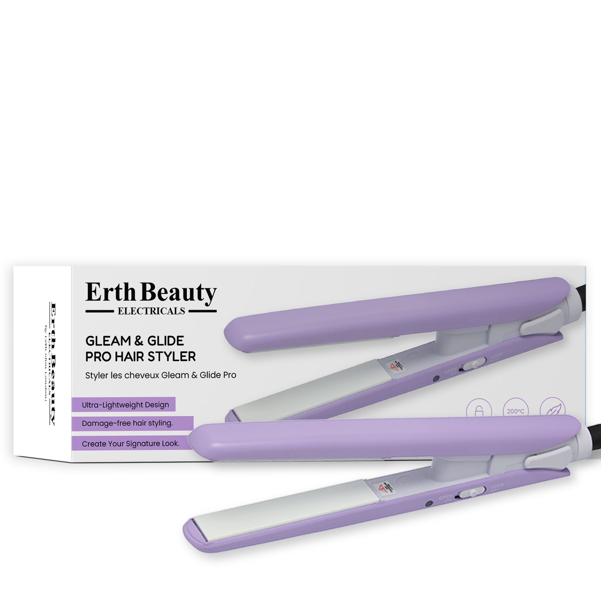 Deux fers à lisser avec emballage. Violet et blanc. Marque Erth Beauty. Texte : Gleam & Glide Pro Hair Styler. Design ultra-léger. Pour cheveux lisses.