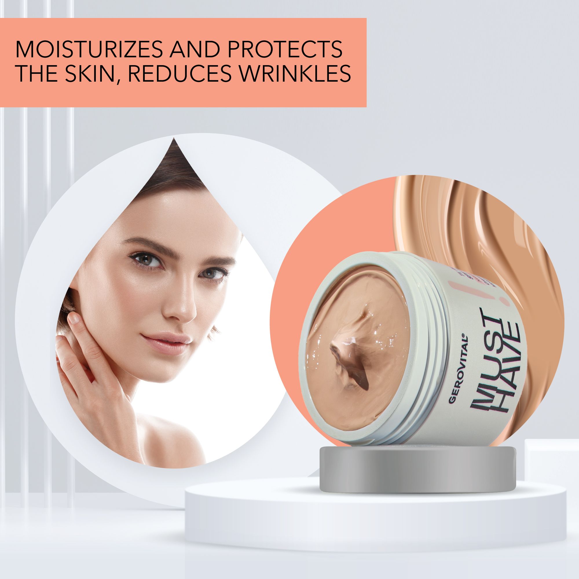 Creme-Tiegel auf Podest. Frauengesicht im Hintergrund. Text: MOISTURIZES AND PROTECTS THE SKIN, REDUCES WRINKLES. Creme-Textur.
