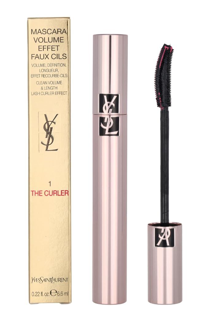 Mascara-Tube und Karton. Goldfarbener Karton mit Produktinformationen. Mascara-Tube mit Bürste, rosa und schwarz. YSL-Logo.