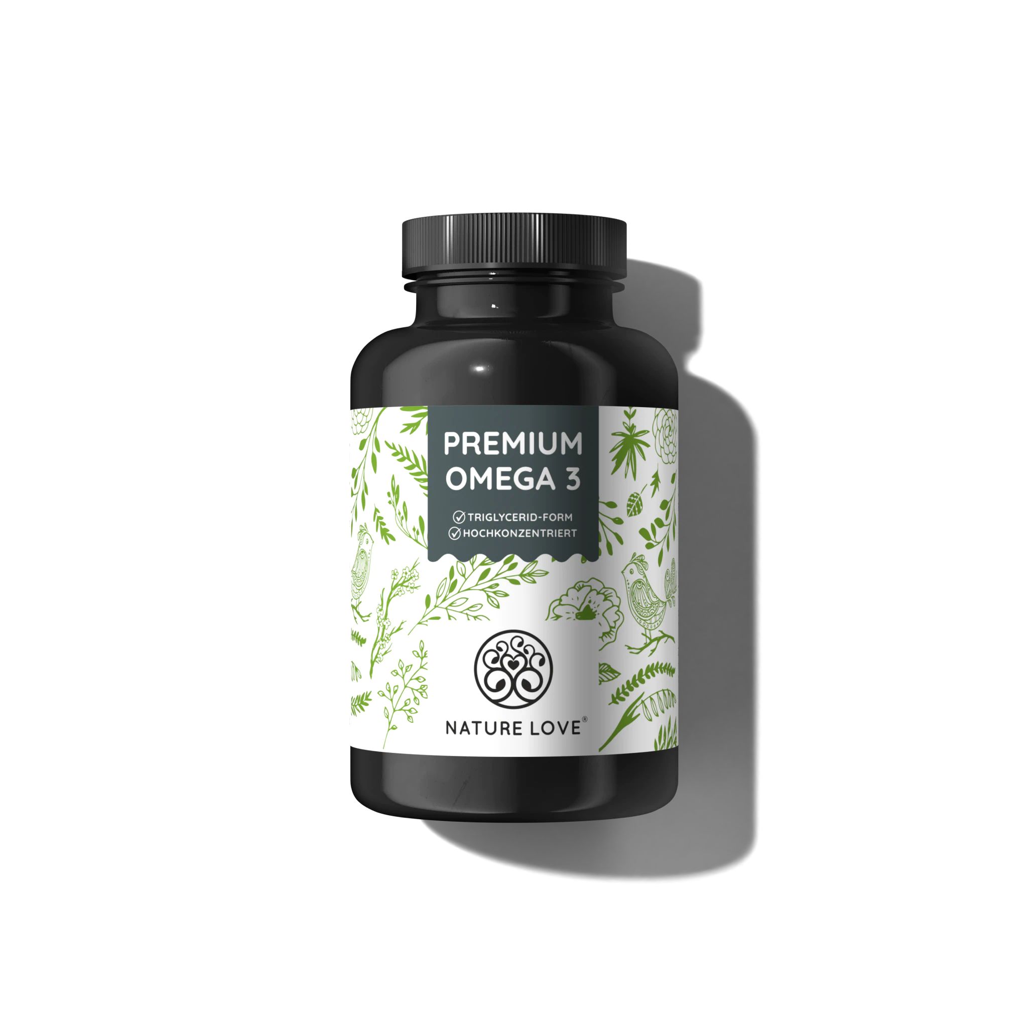 Schwarze Dose mit Etikett: NATURE LOVE® Premium Omega 3, Triglycerid-Form, 120 Kapseln.